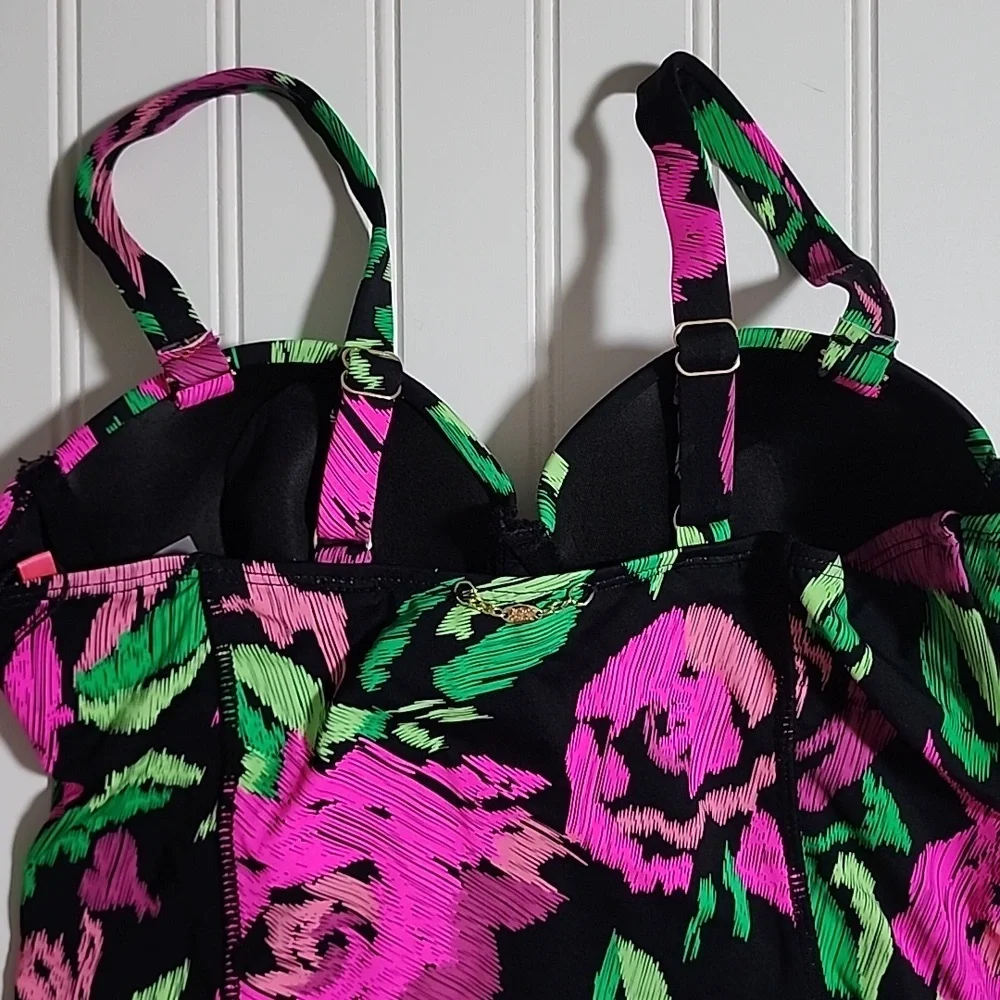 Betsey Johnson Swimsuit Balconette Style Roses Black Pink 1-Pc Size Medium NWT